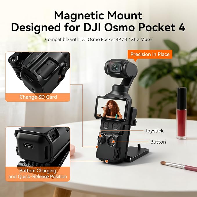 AMAZEAR Magnetic Mount Stand Compatible with DJI Osmo Pocket 4P/4/3/Xtra Muse, Pocket4 Accessories Adapter Clamp Magnet Suction Case Holder on Desktop/Vertical Surface, 180° Adjustable Handle, Black - Image 2