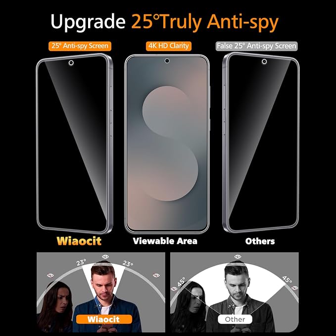 Wiaocit Tempered Glass Privacy Screen Protector for Samsung Galaxy S25 FE | 3+3 Pack, 9H Hardness, Camera Lens Protector, Installation Frame, Bubble Free, Case Friendly - Image 2