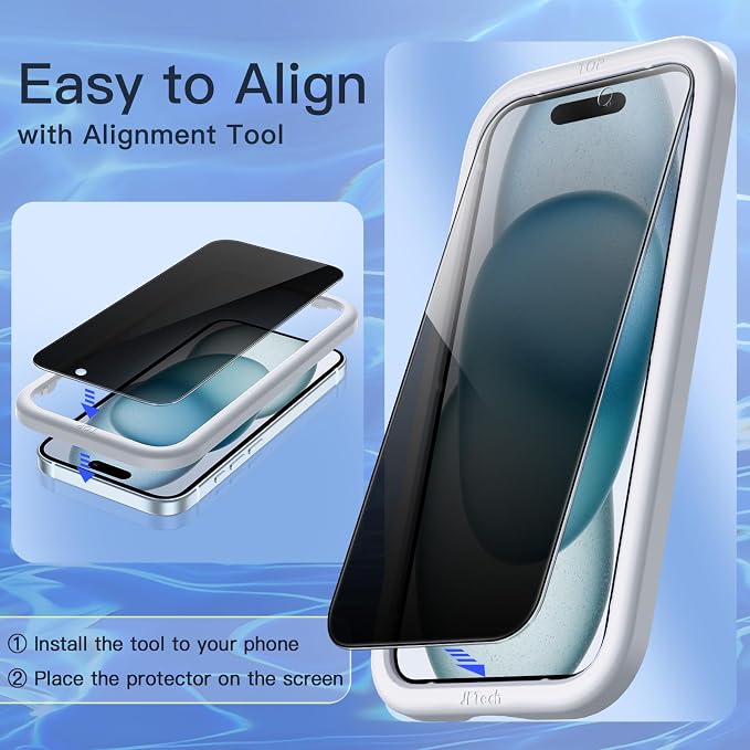 JETech Privacy Screen Protector for iPhone 15 Plus, 2+2 Pack | Anti-Spy Tempered Glass, with Camera Lens Protector, Easy Installation Tool - Image 5