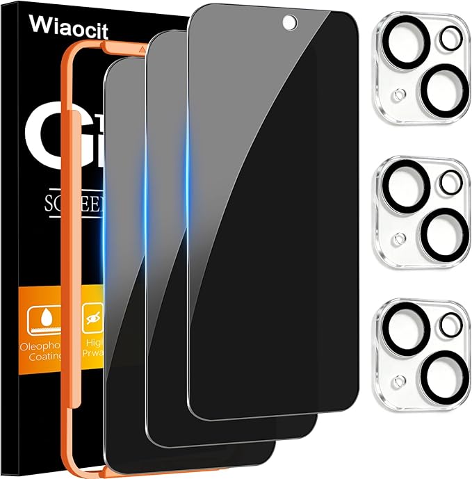 Wiaocit Tempered Glass Privacy Screen Protector for iPhone 15 Plus | 3+3 Pack, 9H Hardness, Camera Lens Protector, Installation Frame, Bubble Free, Case Friendly by Wiaocit