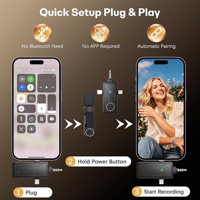 3 in 1 Wireless Mini Microphone for iPhone Android Phone Camera: Lavalier Lapel Mic for Video Recording - Noise Cancelling Clip on Shirt Microphones for Tiktok YouTube Podcast Vlogging - Image 3