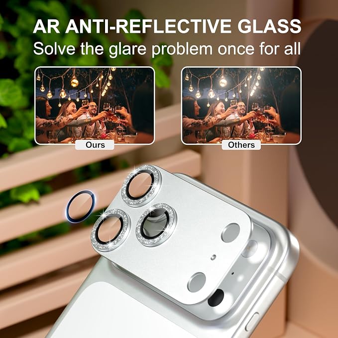 for iPhone 17 Pro Max Camera Lens Protector, Glitter Silver | [Military Grade Shatterproof] [Strong Adsorption] [Case Friendly] Matte Metal Tempered Glass Camera Screen Cover Accessories - Image 3