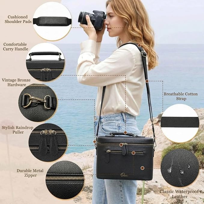 Camera Sling Bag, Waterproof PU Leather Crossbody Camera Case for Photographers, Small Shoulder Bag Compatible for Canon Nikon Sony (Black) - Image 5