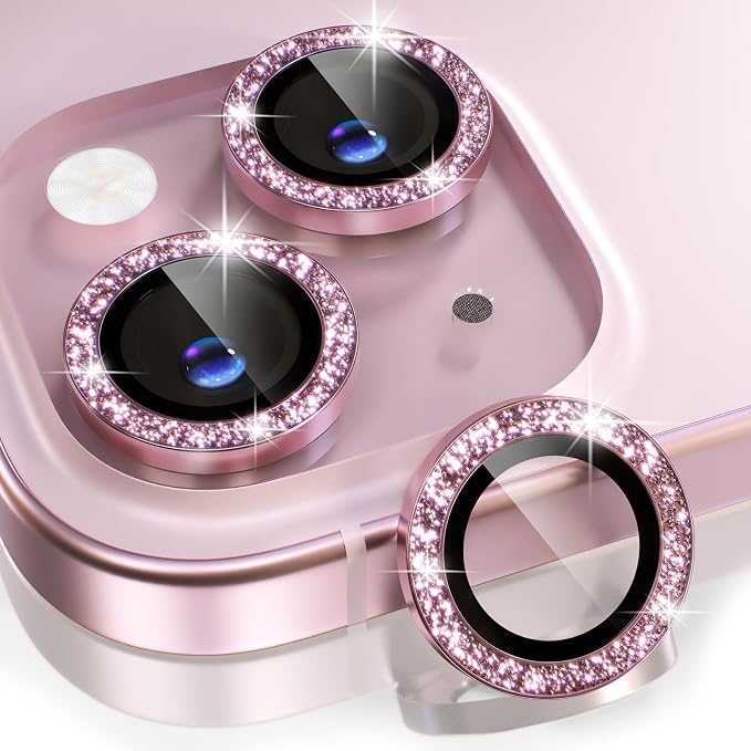 Choiche for iPhone 15/15 Plus Camera Lens Protector Bling, Glitter-Pink | Ultra HD, 9H Tempered Glass Camera Cover Screen Protector Metal Individual Ring Decoration Accessories, 2-Lens, 6.1/6.7-inch by Choiche