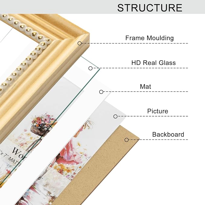 5x7 Picture Frame in Nature with Gold Beaded Border, Pine Wood with Real Glass, Display 5x7 Photos Matted to 4x6, Vertical and Horizontal Desk Tabletop or Wall Hanging - Image 7
