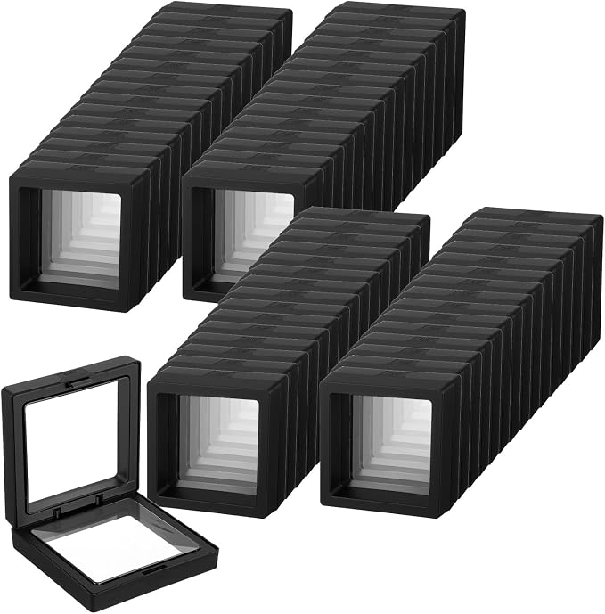 Molain 60 Pcs Coin Holder Challenge Coin Display Stand, 3D Floating Display Case 2.8 x 2.8 x 0.8 Inch Clear Film Jewelry Storage Box, Coins Case Frame Stand for Challenge Coins Fossils Rocks, Black by Molain