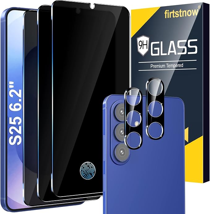 firtstnow 3 Pack Privacy Screen Protector for Samsung Galaxy S25 Tempered Glass + 2 Pack Camera Lens Protector, True 25°Anti Spy, 9H+ Hardness, Fingerprint Unlock, Case Friendly Bubble-Free 6.2 Inch by Unknown