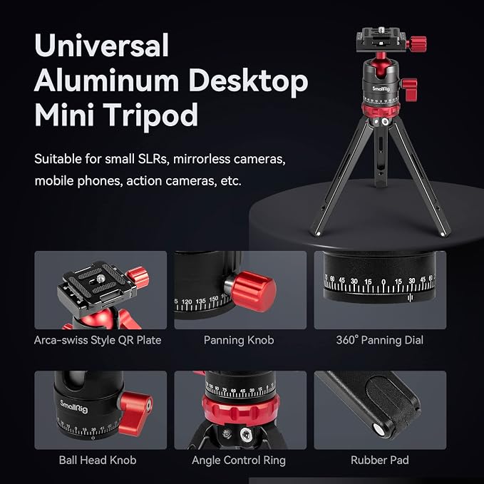 SmallRig Desktop Mini Tripod for Camera/Phone, Aluminum, Load up to 11lbs | Aluminum Alloy, with 360 Degree Ball Head, 1/4'' Quick Shoe Plate for Vlogging DSLR Camera Video, Load up to 11 pounds - Image 6