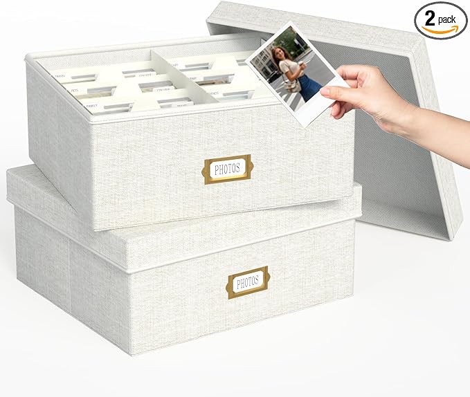Decorative Photo Storage Box, 2 Pack Linen Photo Box Hold 1700 4x6 Pictures | Photo Storage Containers with 8 Dividers, Memory Keepsake Organizer for Photos, Scrapbook Supplies, Cards, Stamps, Beige by JOLENSOY