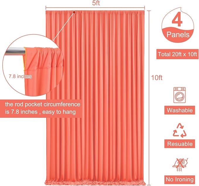 4 Panels Orange Backdrop Curtain for Parties Wrinkle Free Photo Curtains Backdrop Drapes Fabric Decoration for Wedding Birthday Party Baby Shower 20ft(W) x 10ft(H) - Image 5