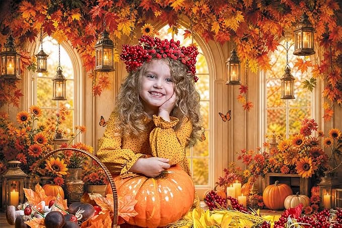 Fall Butterfly Floral Backdrop for Photography 7x5ft Autumn Window Pumpkin Maple Flowers Backdrop Thanksgiving Theme Background Birthday Party Decorations Photo Booth Props Vinyl - Image 5