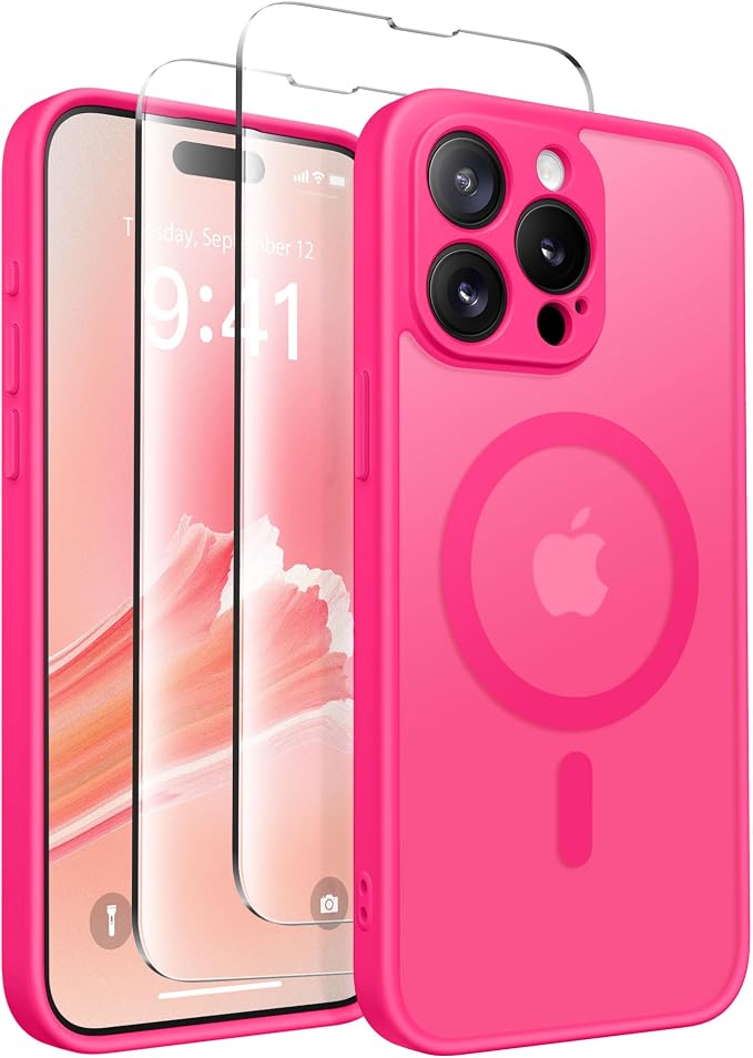 CAPRARO for iPhone 15 Pro Max Case, Compatible with MagSafe Hot Pink | Upgraded [Full Camera Protection] Shockproof Protective Slim Translucent Matte Magnetic Phone Case 6.7'', Hot Pink by CAPRARO