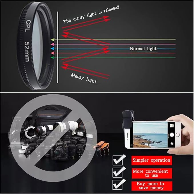 52mm CPL Polarized Phone Camera Lens, Universal Clip On CPL Phone Filter Lens, HD Optical Glass Polarized Lens for iPhone Samsung Most Phones, Anti-Glare Camera Lens for Photography - Image 2
