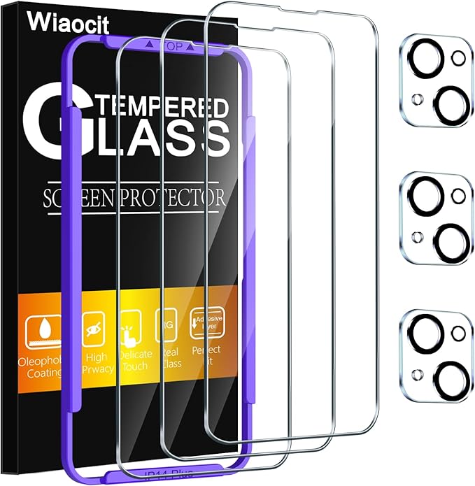 Wiaocit Tempered Glass Screen Protector for iPhone 14 Plus | 3+3 Pack, 9H Hardness, Camera Lens Protector, Installation Frame, Bubble Free, Case Friendly by Wiaocit
