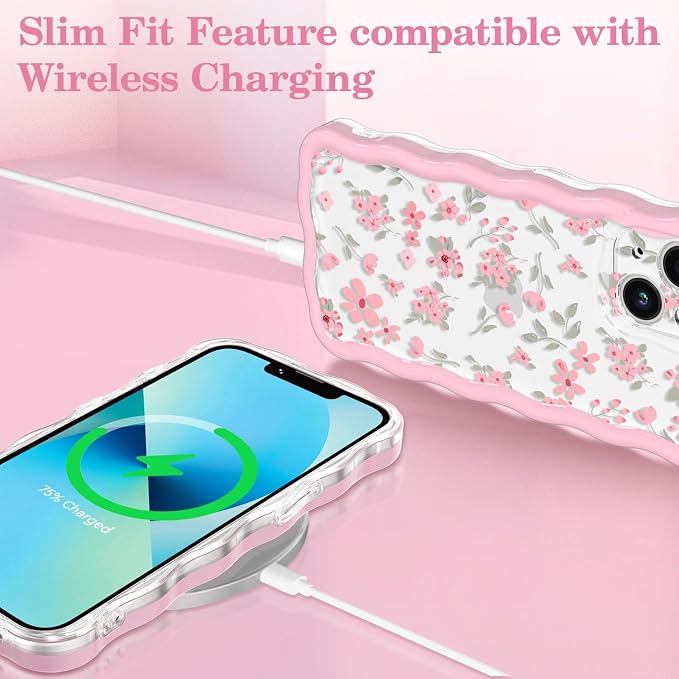 QLTYPRI for iPhone 12 Pink Flower Case, Clear Cute Pink Floral Flower Phone Case Curly Wavy Aesthetic Phone Cover, Soft Slim Transparent TPU Shockproof Protective Cover for Women Girls - Pink - Image 5