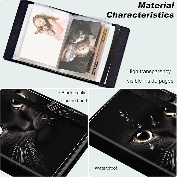 Small Photo Album 5x7, 60 Pockets Holds 120 Photos, Slip-in Pocket Photo Album with Black Elastic Band for Family Wedding Baby Travel Pictures, Big Cat Eyes - Image 5