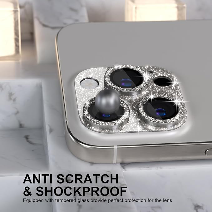 Choiche for iPhone 16 Pro/iPhone 16 Pro Max Camera Lens Protector | Bling Camera Cover with 9H Tempered Glass Lens Screen Protector Metal Ring Decoration Accessories (Glitter-Titanium Natural) - Image 3