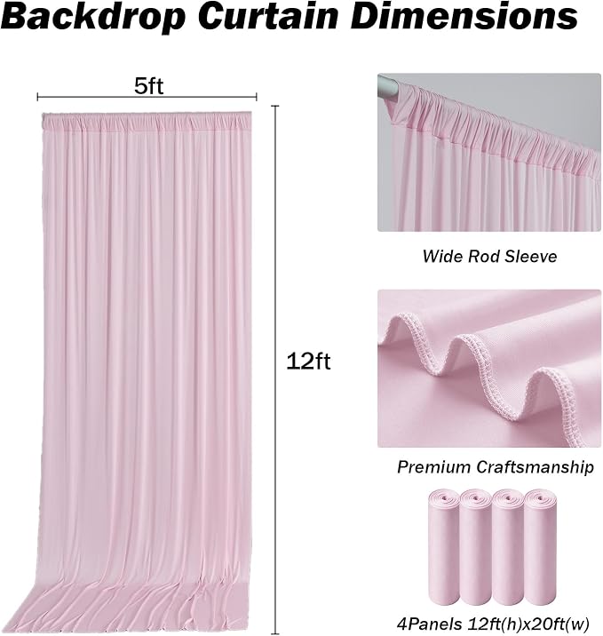 20x12 ft Light Pink Backdrop Curtains for Weddings, Birthdays and Photos | 4 Panels 5x12 ft, Wrinkle-Free Polyester Drapes, Washable, Ironable, 4 in Rod Pocket for Baby Showers Photography Background - Image 3