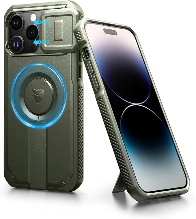 Dexnor for iPhone 14 Pro Max Case with Slide Camera Cover & Adjustable Kickstand, Compatible with MagSafe, Rugged Shockproof Bumper Cases Heavy-Duty Magnetic Protective Cover,6.7 inch,Army Green by Dexnor