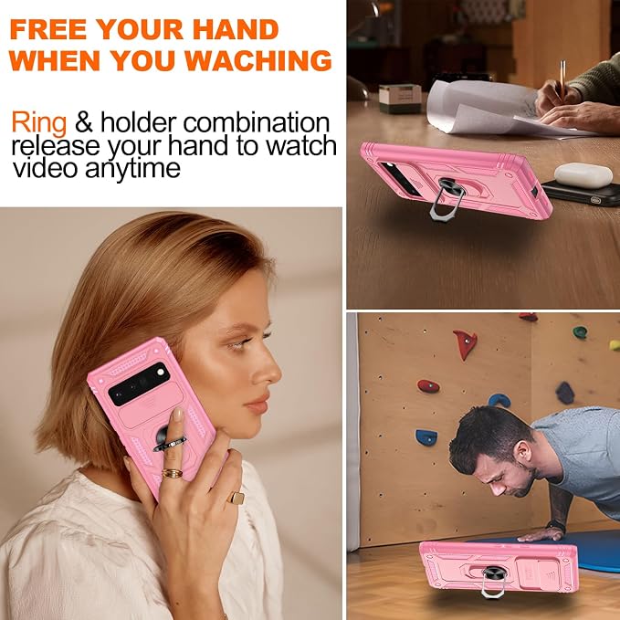 for Google Pixel 6 Pro Case with Slide Camera Cover & Screen Protector (2 PCS), Pixel 6 Pro Case Build in 360° Rotating Ring Kickstand, Military Grade Protective Case for Google 6 Pro Case, Pink - Image 7