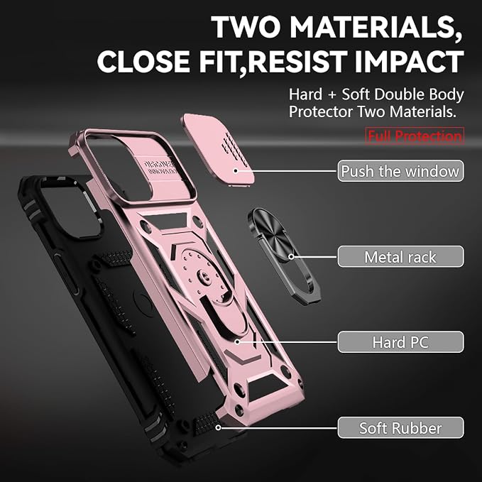 HNHYGETE for iPhone 13 Case with HD Screen Protector: [Military Grade 20ft. Drop Tested] Slide Camera Cover Ring Shockproof Protective Phone Case for - iPhone 13 (Rose Gold) - Image 5