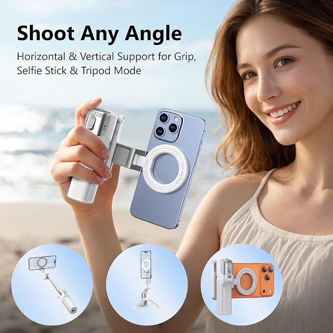 [3 in 1] Magnetic Phone Camera Shutter Grip, Extendable Selfie Stick & Tripod Portable for Magsafe iPhone & Android with Detachable Wireless Shutter Button Remote Control Ergonomic Handle - White - Image 8