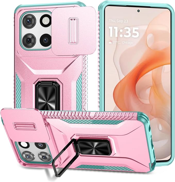 for Moto G Stylus 2025 Case,with Sliding Camera Lens Cover,HD Screen Protector,360° Rotating Kickstand, Military-Grade Shockproof Protective Cover for Motorola G Stylus 5G 2025,Pink+Turquoise by AYMECL
