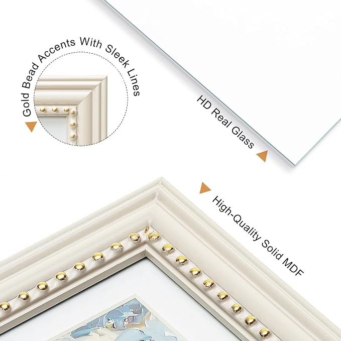 5x7 Picture Frame in Beige with Classic Gold Beaded Border, Solid Wood with Real Glass, Display 5x7 Photos Matted to 4x6, Vertical and Horizontal Desk Tabletop or Wall Hanging - Image 4