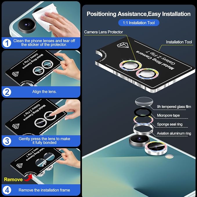 for Samsung Galaxy Z Flip 7 Camera Lens Protector, Individual Metal Ring Tempered Glass Lens Cover, [Strong Adsorption] Scratch Resistant Ultra-Thin HD Clear Lens Cover, 1 Set-Colorful Sparkly - Image 6