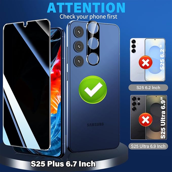 firtstnow 3 Pack Privacy Screen Protector for Samsung Galaxy S25 Plus Tempered Glass + 2 Pack Camera Lens Protector, True 25°Anti Spy, 9H+ Hardness, Fingerprint Unlock, Bubble-Free 6.7Inch - Image 7