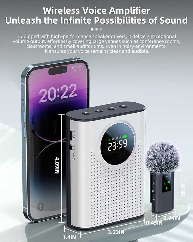 S67 Rechargeable Voice Amplifier Wireless Microphone Dual for Teachers Classroom, Mini Lavalier Lapel Mic Clip Magnetic, Bluetooth Speaker with LED Display for Class, Tour Guide, Coaches, White - Image 8