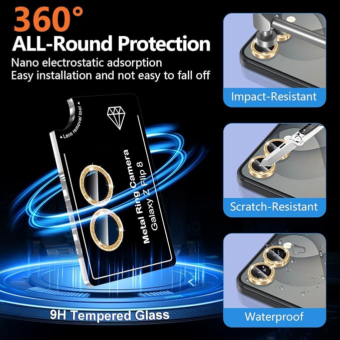 for Samsung Galaxy Z Flip 8 Camera Lens Protector, Individual Metal Ring Tempered Glass Lens Cover, [Strong Adsorption] Scratch Resistant Ultra-Thin HD Clear Lens Cover, 1 Set-Gold Sparkly - Image 2