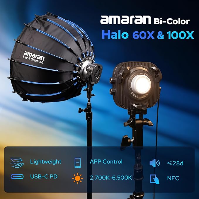 Amaran Halo 60X COB Led Video Light 60W Bi-Color 2700k-6500k,Bowens Mount | Silent Photography Lighting,3270lux@1m,Ultra-Compact Travel Light,USB-C PD Power,App/NFC Control,for YouTube TikTok Studio - Image 2