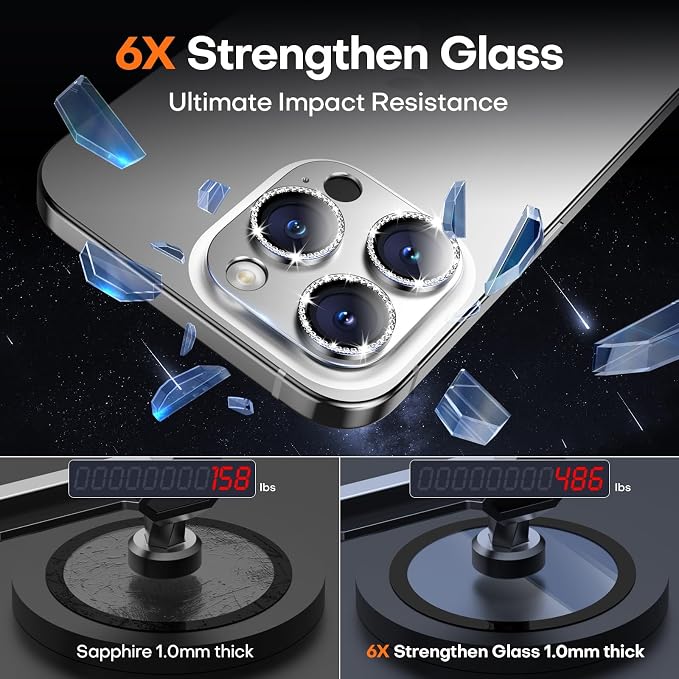 Camera Lens Protector for iPhone 16/15/14 Pro Max & 16/15/14 Pro | Silver Diamond, Aluminum Alloy, 9H+ Glass Camera Cover, Nano Reinforced Adhesive, Anti-Drop, Anti-Scratch, Case Friendly - Image 6