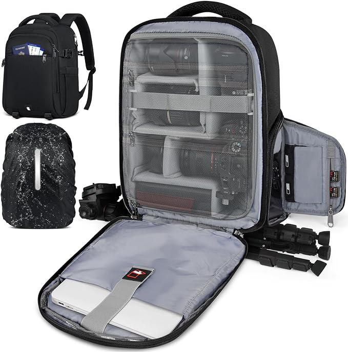 RAINSMORE Camera Backpack Camera Bag for Photographers DSLR SLR Mirrorless Camera Cases with Waterproof Rain Cover & Laptop Compartment Fits 14 Inch Laptop,Anti Theft Travel photography backpack,Black by RAINSMORE