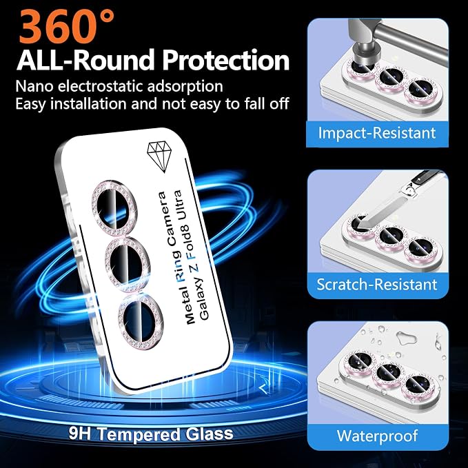 for Samsung Galaxy Z Fold 8 Ultra Camera Lens Protector, Individual Metal Ring Tempered Glass Lens Cover, [Strong Adsorption] Scratch Resistant Ultra-Thin HD Clear Lens Cover, 1 Set-Pink Diamond - Image 2