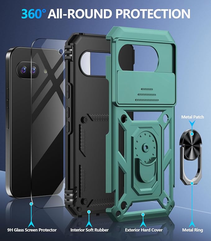 Taisairu for Google Pixel 10A Case with Screen Protector & Slide Camera Lens Cover,Built-in 360°Rotate Magnetic Ring Stand Shockproof Protective Phone Case for Google Pixel 10A Case (Green) - Image 2