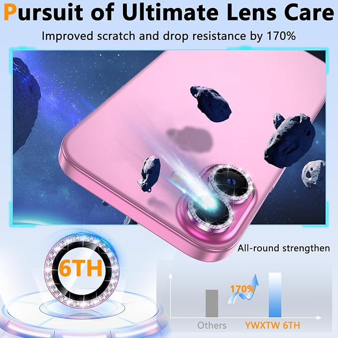 YWXTW Camera Lens Protector for iPhone 16/iPhone 16 Plus, Individual Bling Diamond Metal Ring Tempered Glass Camera Cover Screen Protector for iPhone 16 Accessories, Case Friendly (Pink Diamond) - Image 3