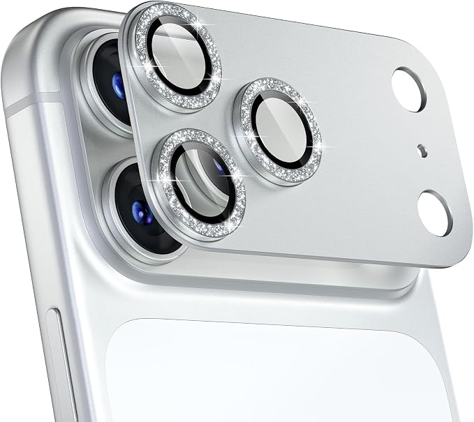 for iPhone 17 Pro Max Camera Lens Protector, Glitter Silver | [Military Grade Shatterproof] [Strong Adsorption] [Case Friendly] Matte Metal Tempered Glass Camera Screen Cover Accessories by Beuxece