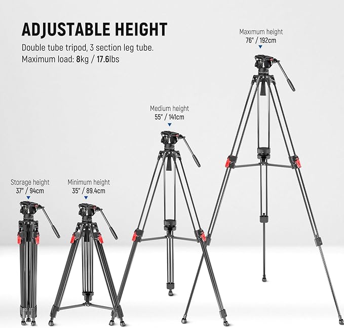 NEEWER 76" Video Camera Tripod with Fluid Head, One Step Quick Release Heavy Duty Aluminum Portable Tripod Stand with Cleaning Cloth, Dual Mode QR Plate for DSLR Camcorder, Max Load 17.6lb, LL27 - Image 2