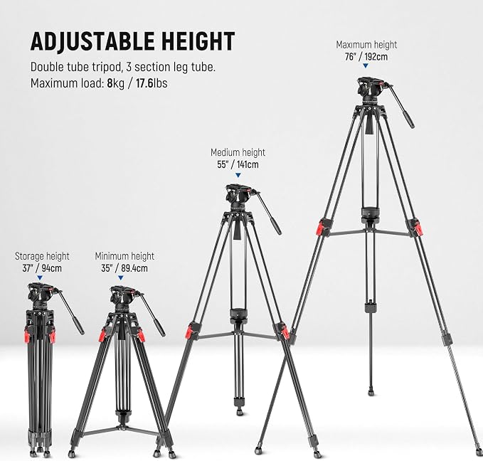 NEEWER 76" Video Camera Tripod with Fluid Head, One Step Quick Release Portable Tripod, Aluminum Heavy Duty Tripod Stand, Dual Mode QR Plate for DSLR Cameras Camcorders, Max Load 17.6lb, LL27 - Image 2
