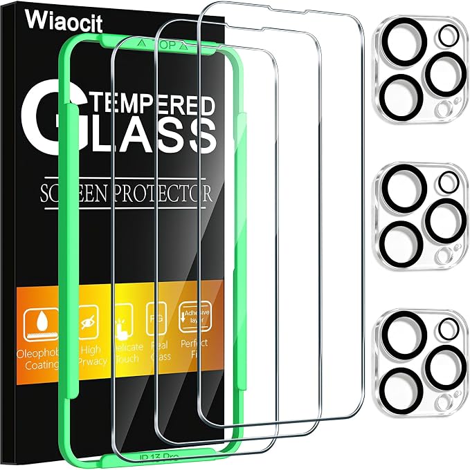 Wiaocit Tempered Glass Screen Protector for iPhone 13 Pro | 3+3 Pack, 9H Hardness, Camera Lens Protector, Installation Frame, Bubble Free, Case Friendly by Wiaocit