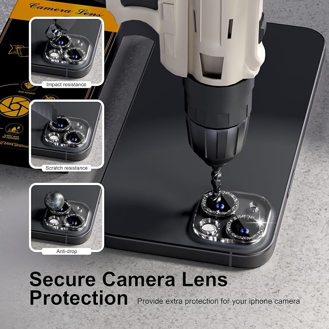 for 6 Pack iPhone 15 / iPhone 15 Plus Camera Lens Protector [Drop Protection] [Case Friendly] [Easy Installation] 9H Tempered Glass Camera Screen Protector Cover Accessories, Glitter Black - Image 4