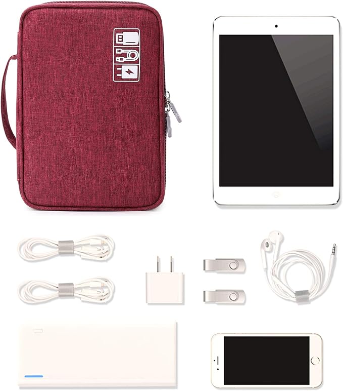 mygreen Electronic Accessories Organizer Bag, Waterproof Double Layer Travel Storage Case with Adjustable Padded Dividers, Portable Hard Pouch for Cables, Charger, Power Bank, Phone, Hard Drive Red - Image 3