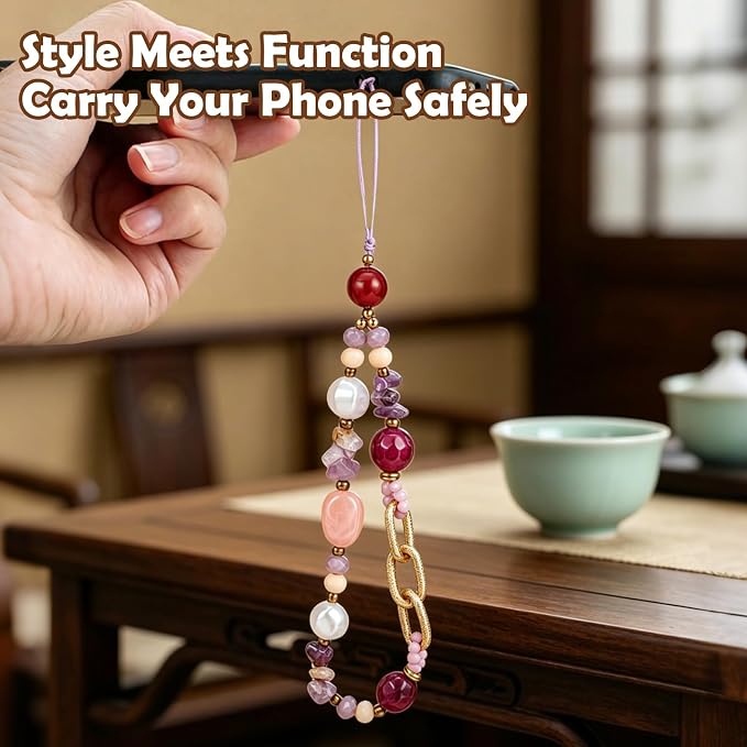 BEEFLYING Beaded Phone Charm Wrist Strap for Case, Grey | Cell Phone Chain, for Women Bag Camera Keychains Card Wallets Accessories - Image 6