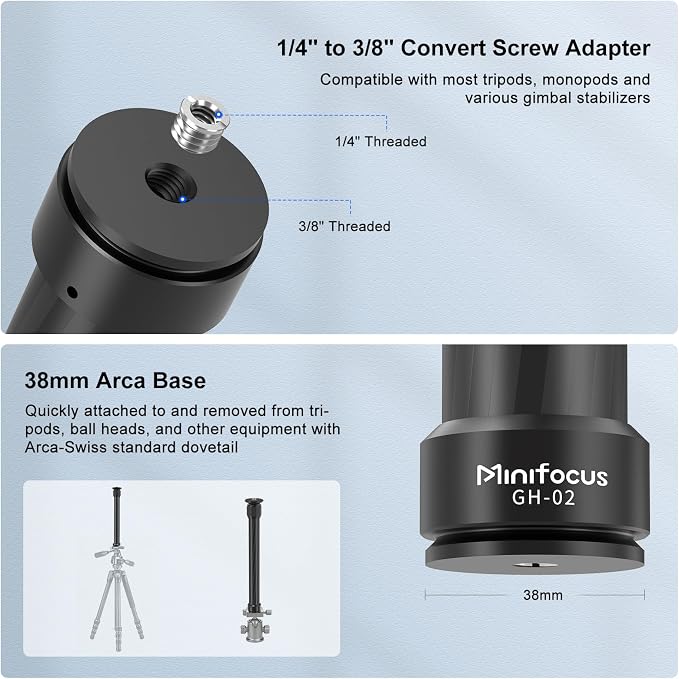 Tripod Extension Rod, Carbon Fiber Tripod Extension Pole with Arca Port, 2 Section Center Columns Monopod Extender Tube, 12.8"-23" Telescopic Stick Rod with 1/4" & 3/8" Screw for Tripod/Gimbal Mount - Image 2