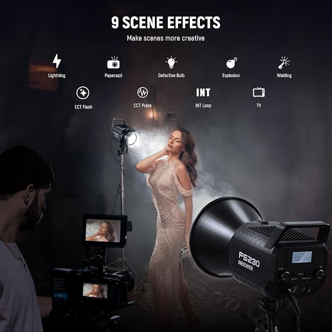 NEEWER FS230 230W COB Video Light 2.4G/APP Control, 110000lux/1m 5600K Daylight Bowens Mount Photography Continuous Output Lighting for Video Recording, Silent Fan, 9 Scenes 4 Dimming Types CRI97+ - Image 6