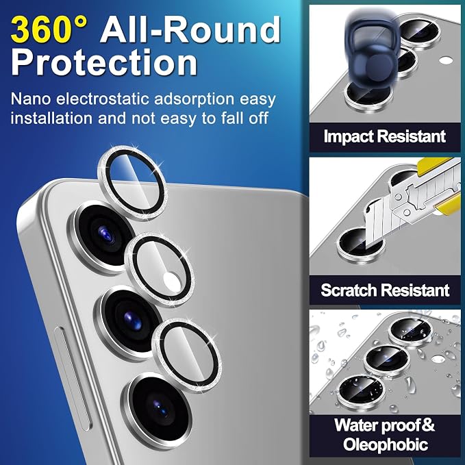 for Samsung Galaxy S25 Camera Lens Protector, Individual Metal Ring Tempered Glass Lens Cover, [Strong Adsorption] Scratch Resistant Ultra-Thin HD Clear Lens Cover, 1 Set-Silvery Sparkly - Image 3