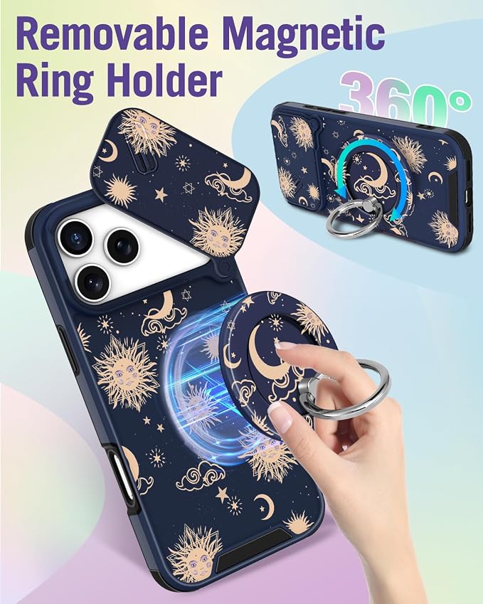 Buleens for iPhone 17 Pro Case 6.3 Inch - with Ring Stand & Camera Cover Aesthetic Cute Designed for Women Girls Girly Kawaii Sun Moon Stars Unique Phone Case for iPhone 17 Pro Compatible with Magsafe - Image 5