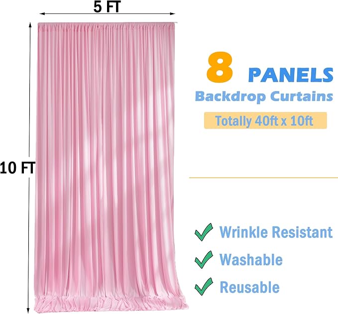 40ftx10ft Pink Backdrop Curtains for Parties, Wrinkle Free 8 Panels Silky Polyester Photo Backdrop Drapes Back Drop Cloth for Wedding Birthday Photography Baby Shower Decor - Image 5